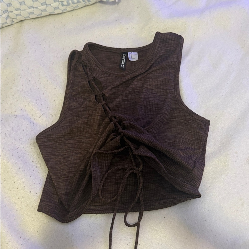 H&M Dark Brown Ribbed Lace-Up Crop Tank